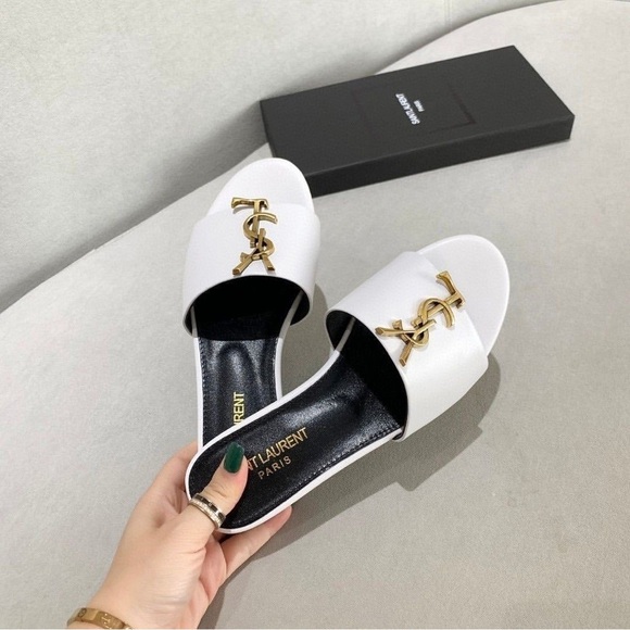 Saint Laurent White and Gold Slide Sandals - Picture 1 of 12